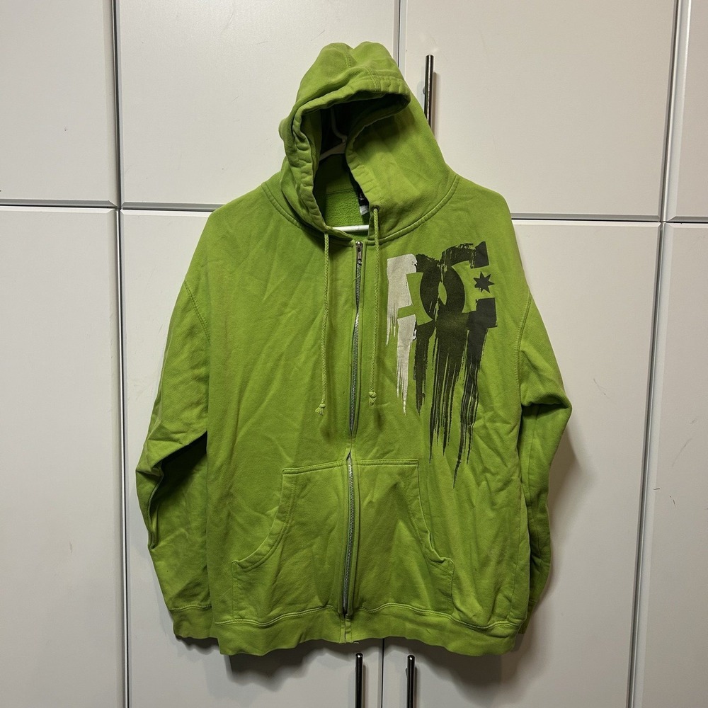 DC Shoes Mens Lime Green Full Zip Graphic Hoodie Skate Sweatshirt Large